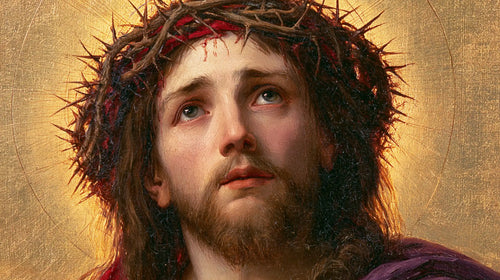 Jesus crowned with thorns in red, violet and gold in Crown of Thorns in Red, Violet and Gold style, landscape Christian artwork no. 9