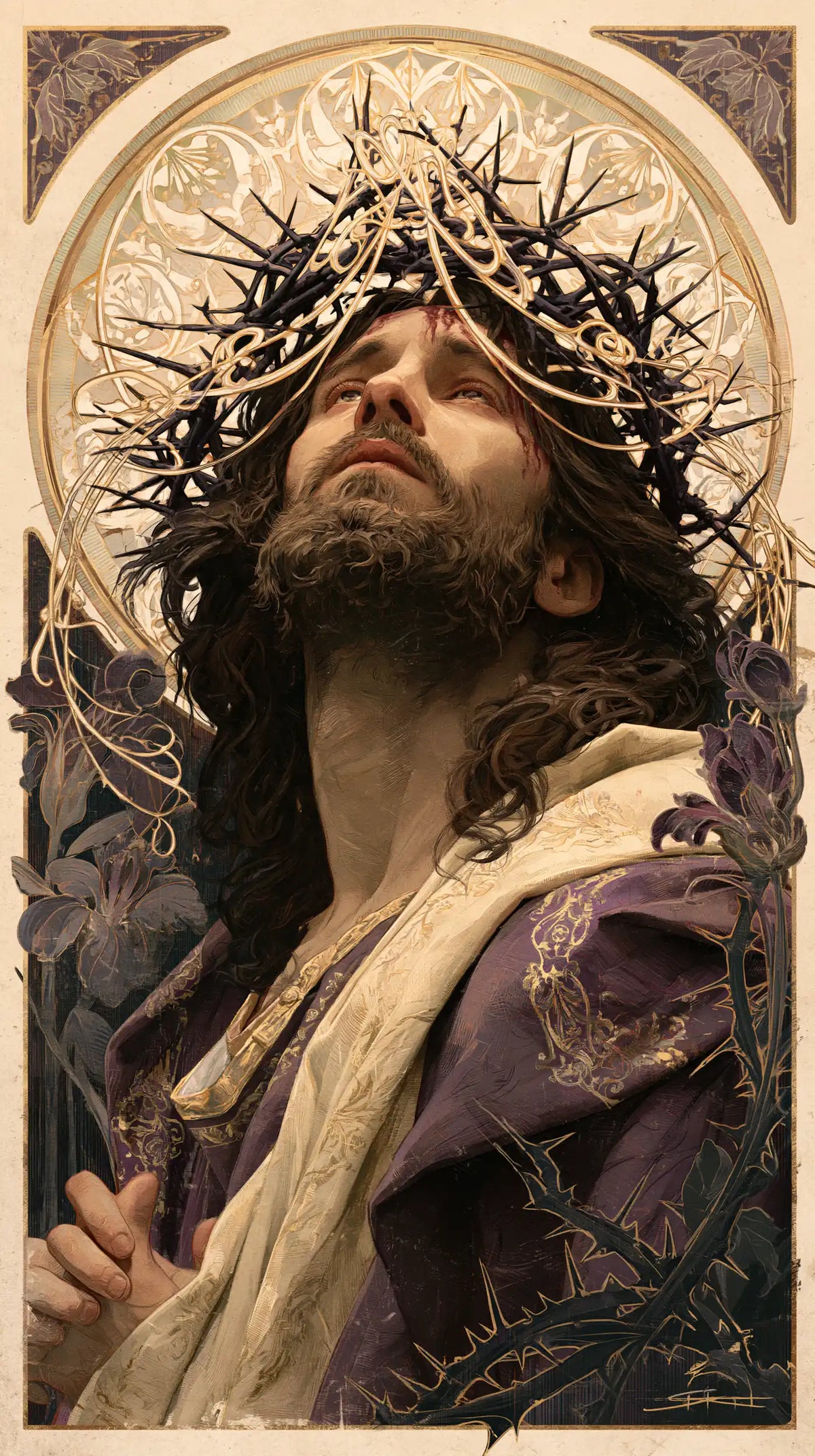 Jesus Crowned with Thorns — Joined Hands beneath Pale Ornament