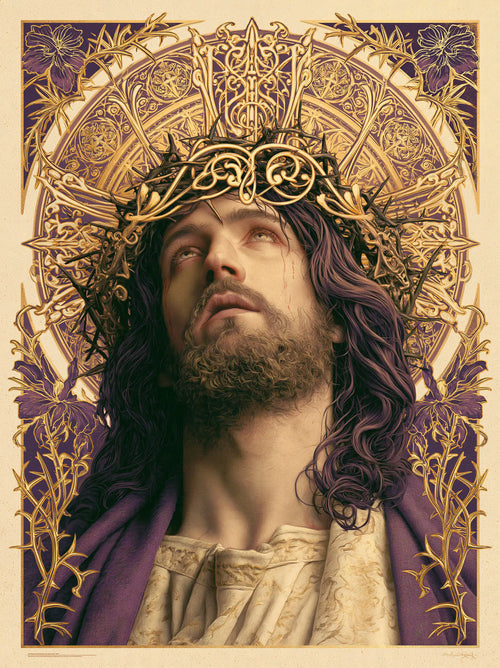 Jesus crowned with thorns framed by sacred Art Nouveau ornament in Sacred Art Nouveau style, portrait Christian artwork no. 10