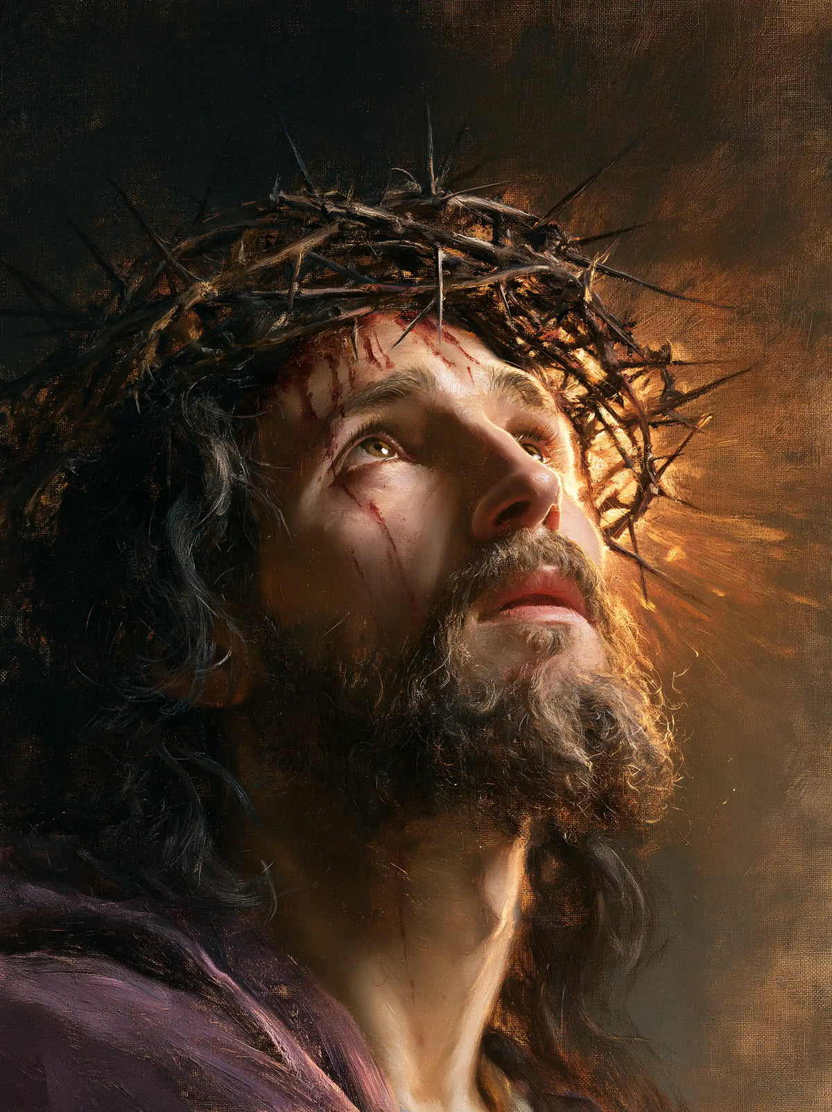 Jesus Crowned with Thorns — The Neck Raised toward Evening Gold