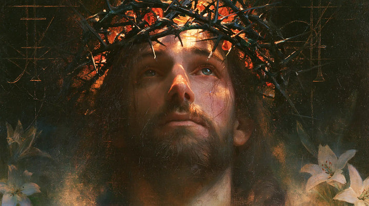 Jesus Crowned with Thorns — Uplifted Eyes beneath Red Petals