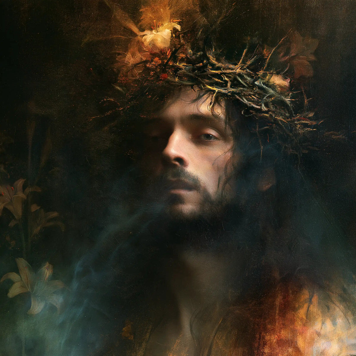 Jesus Crowned with Thorns — The Face between Mist and Flame