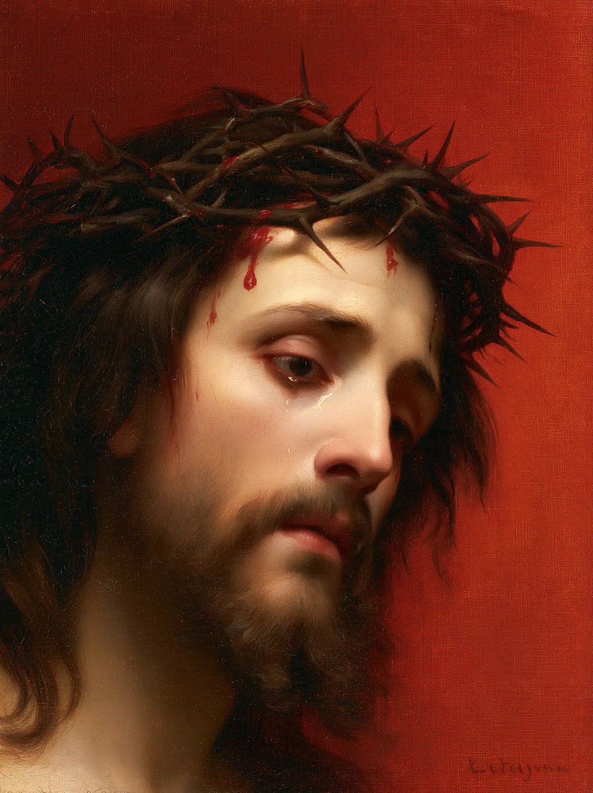 Jesus Crowned with Thorns — The Red Veil behind the Bowed Head