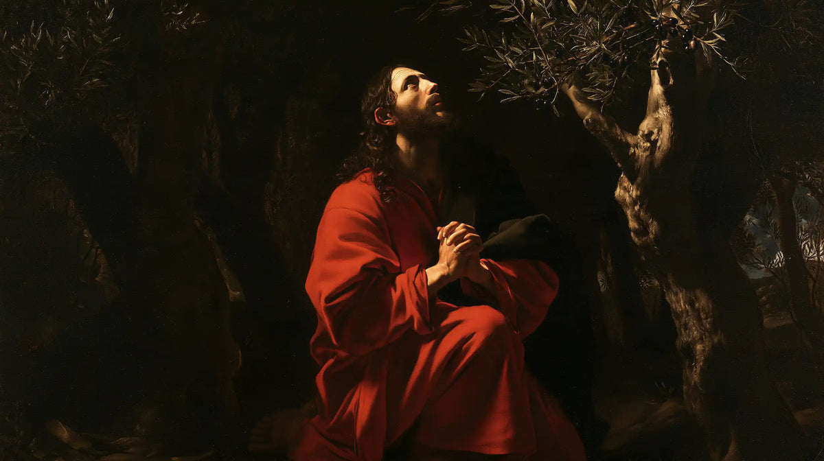 Jesus in Gethsemane — Scarlet beneath the Boughs