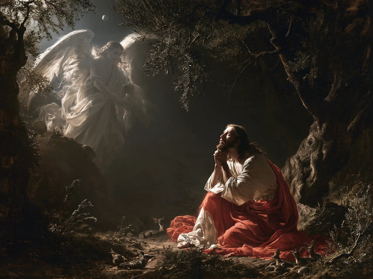 Jesus in Gethsemane — The Messenger above the Red Cloak