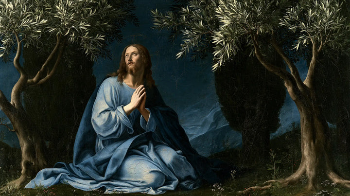 Jesus in Gethsemane — Quiet Blue between Cypress Trees