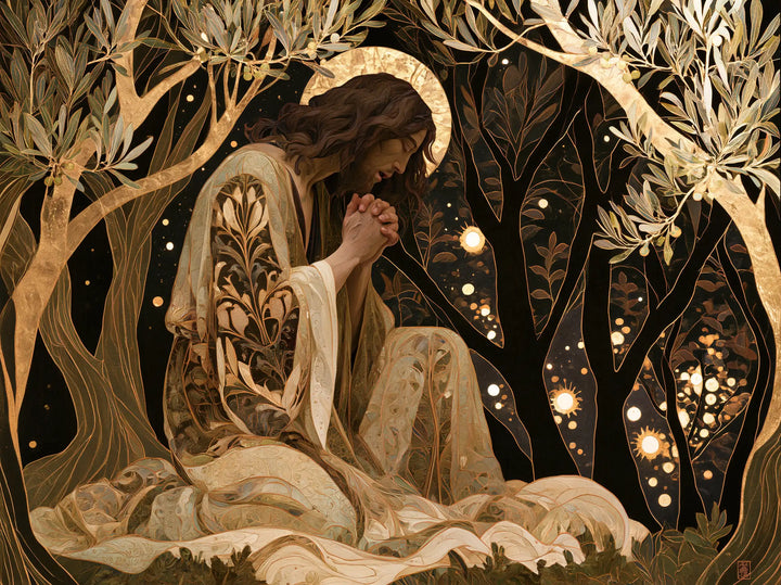 Jesus in Gethsemane — Prayer Embroidered with Pale Leaves