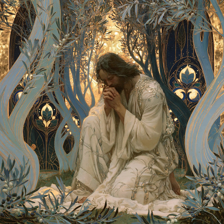 Jesus in Gethsemane — Pearl Trees around Linen