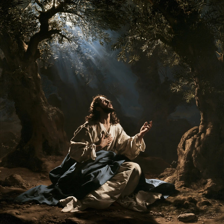 Jesus in Gethsemane — The Offered Palm beneath Pale Leaves