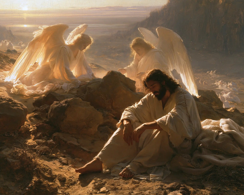 angels ministering to Jesus after the temptation in Angels After the Temptation style, landscape Christian artwork no. 9