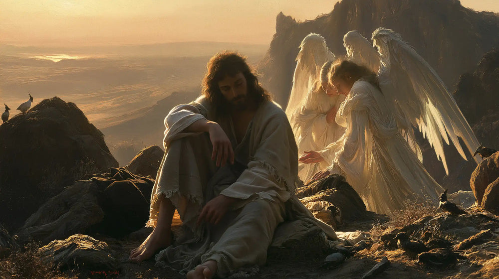 angels ministering to Jesus after the temptation in Angels After the Temptation style, landscape Christian artwork no. 16