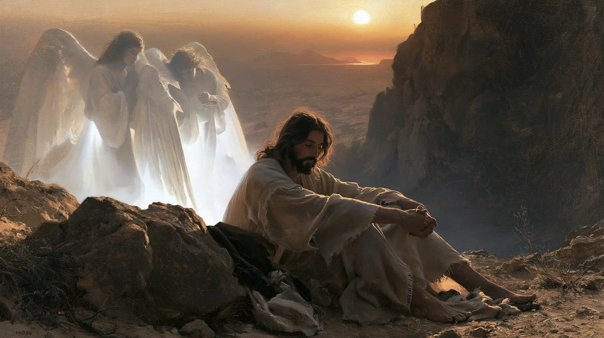 angels ministering to Jesus after the temptation in Angels After the Temptation style, landscape Christian artwork no. 18