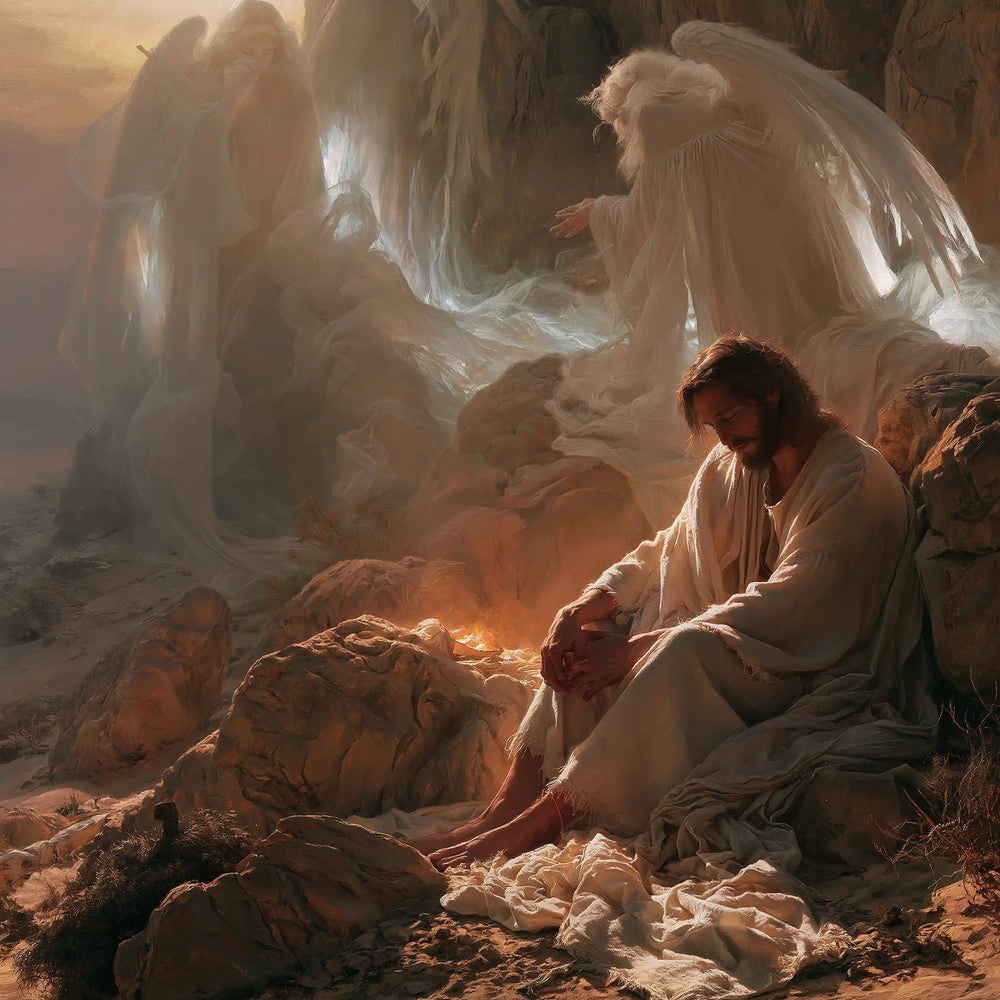 angels ministering to Jesus after the temptation in Angels After the Temptation style, square Christian artwork no. 1