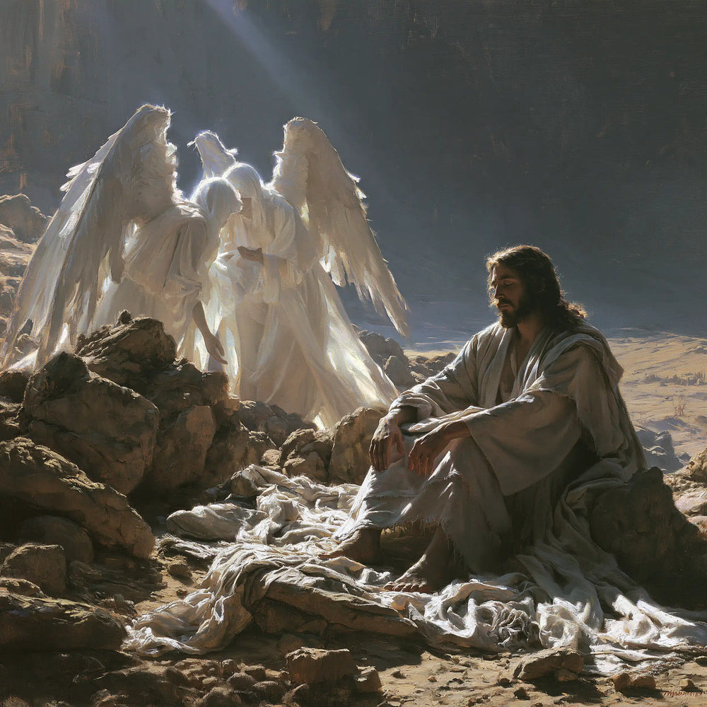 angels ministering to Jesus after the temptation in Angels After the Temptation style, square Christian artwork no. 3