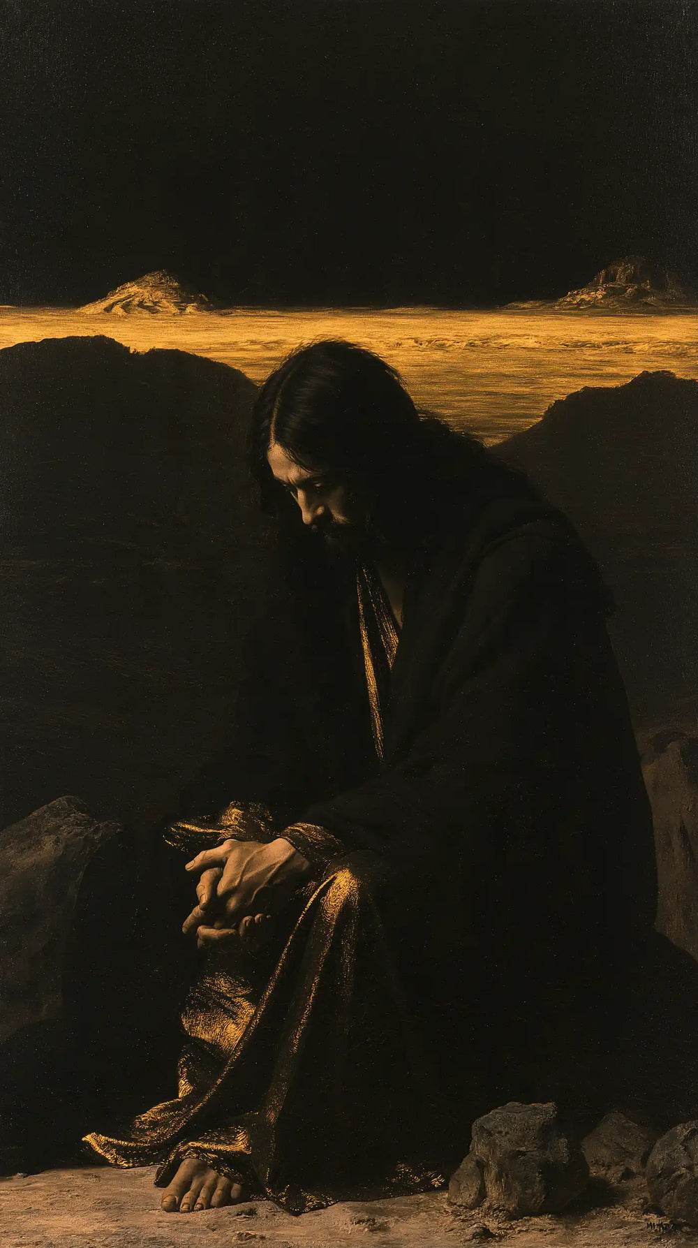 Jesus in the desert during the temptation in Black and Gold style, portrait Christian artwork no. 5
