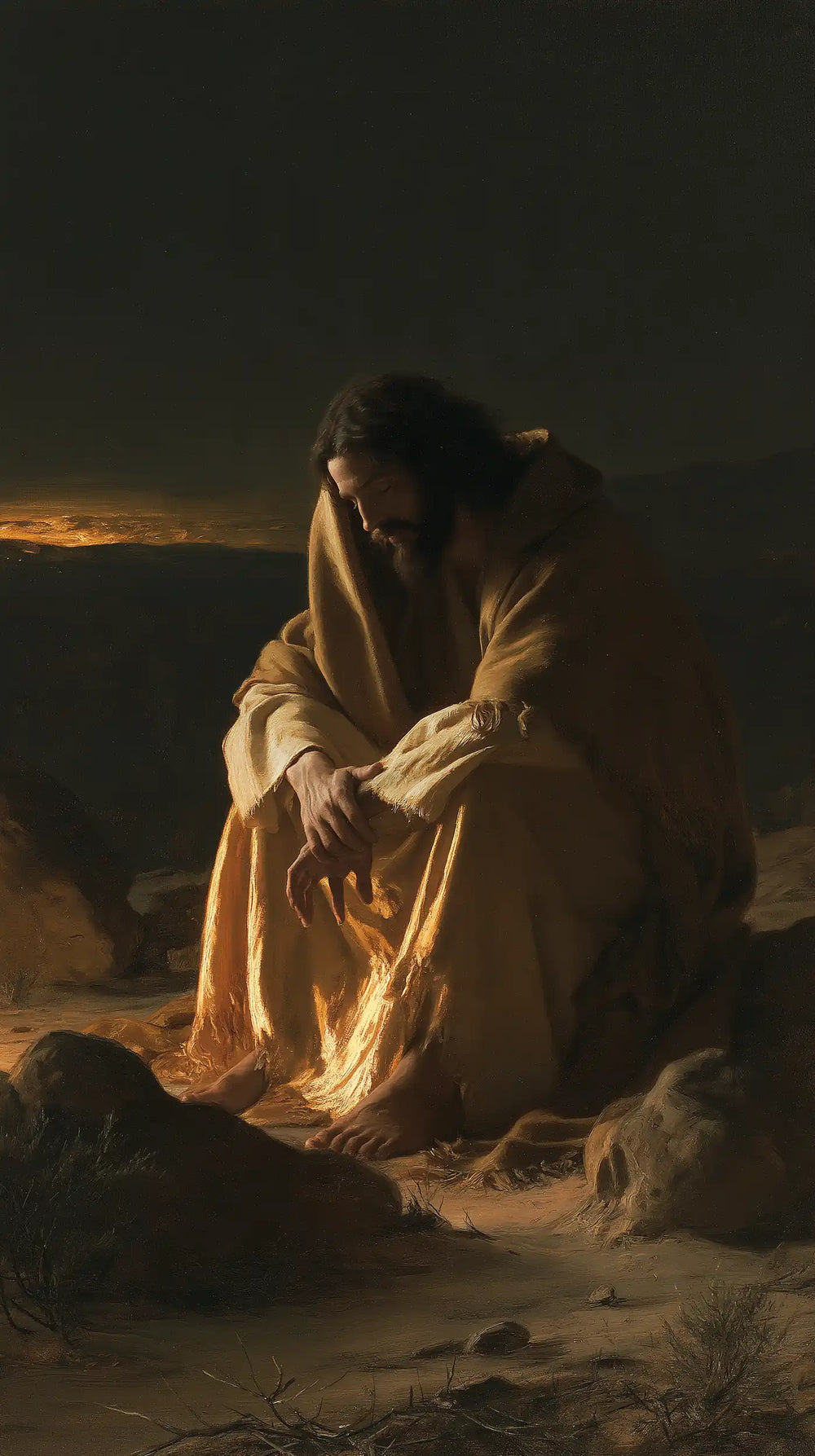 Jesus in the desert during the temptation in Black and Gold style, portrait Christian artwork no. 8
