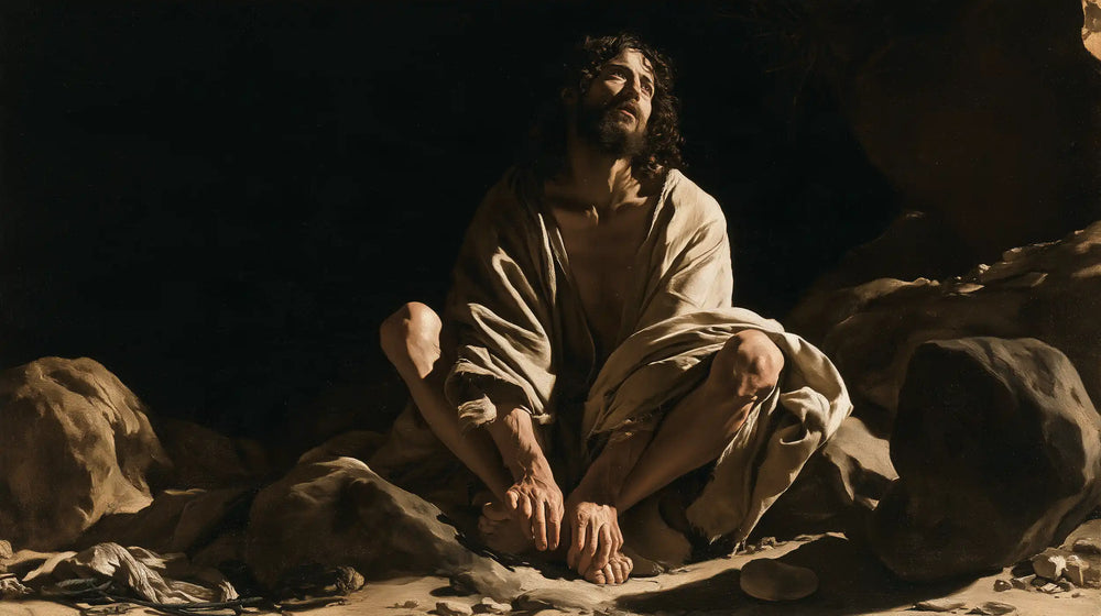 Jesus in the desert during the temptation in Caravaggio Tenebrism style, landscape Christian artwork no. 16