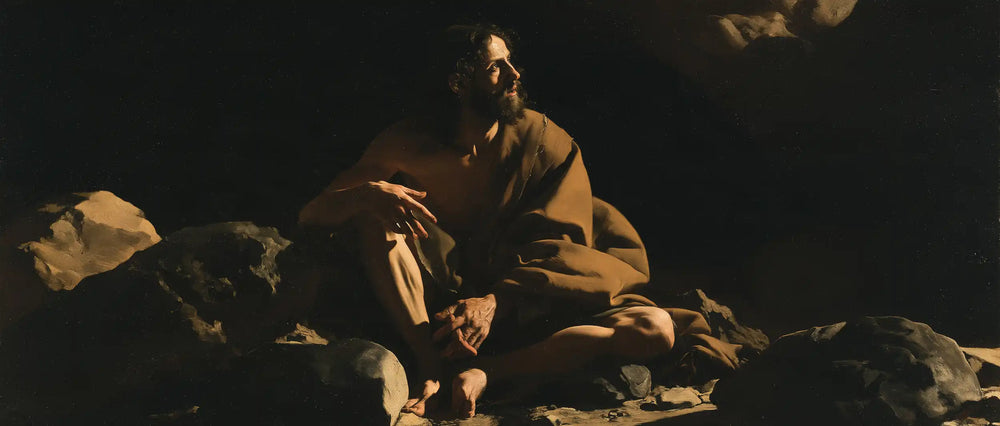 Jesus in the desert during the temptation in Caravaggio Tenebrism style, landscape Christian artwork no. 21