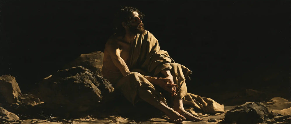 Jesus in the desert during the temptation in Caravaggio Tenebrism style, landscape Christian artwork no. 22