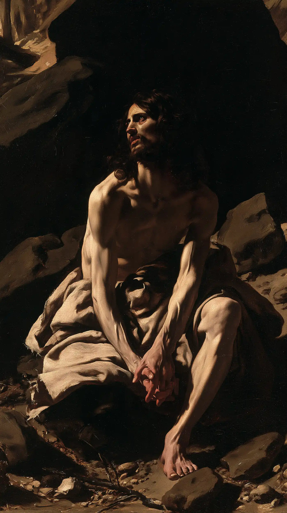 Jesus in the desert during the temptation in Caravaggio Tenebrism style, portrait Christian artwork no. 6