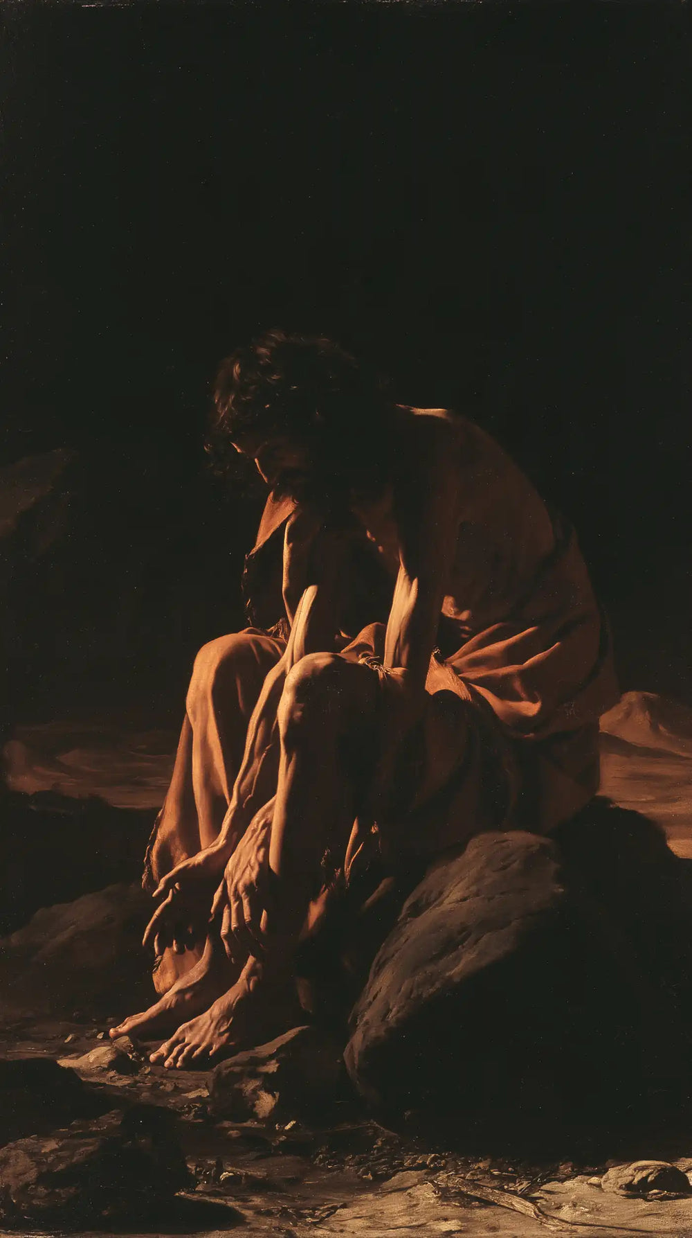 Jesus in the desert during the temptation in Caravaggio Tenebrism style, portrait Christian artwork no. 7