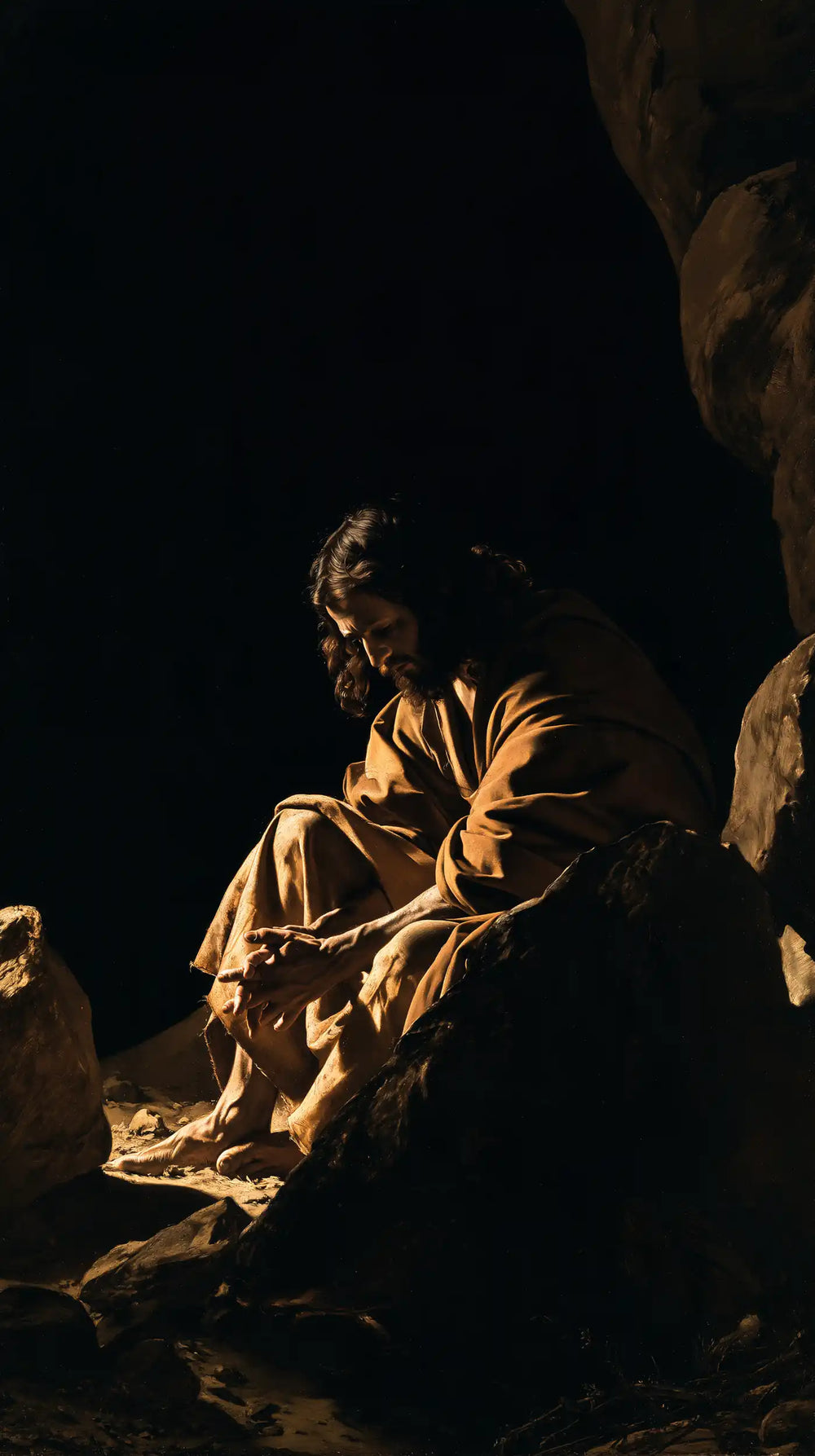 Jesus in the desert during the temptation in Caravaggio Tenebrism style, portrait Christian artwork no. 9