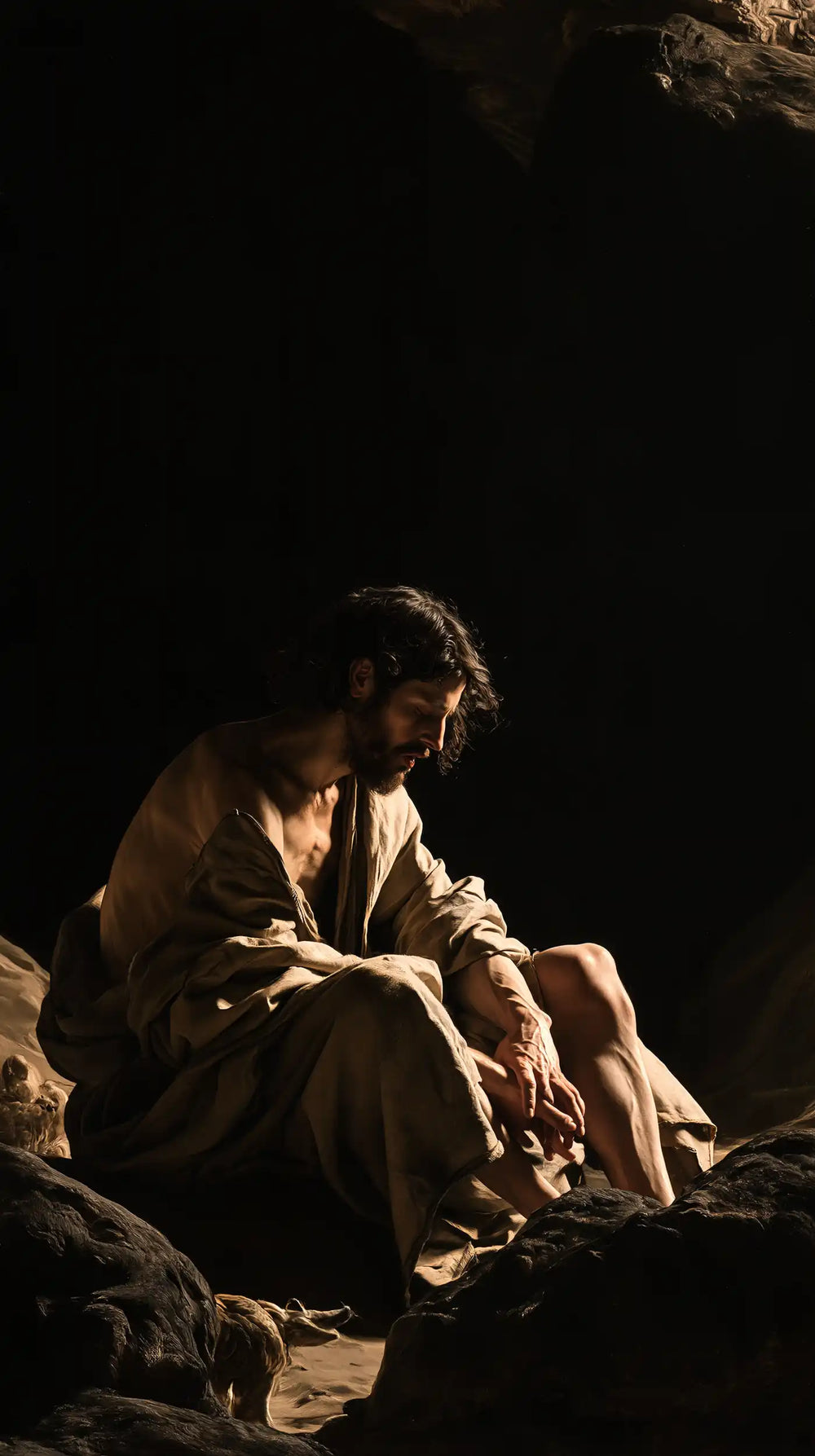 Jesus in the desert during the temptation in Caravaggio Tenebrism style, portrait Christian artwork no. 15