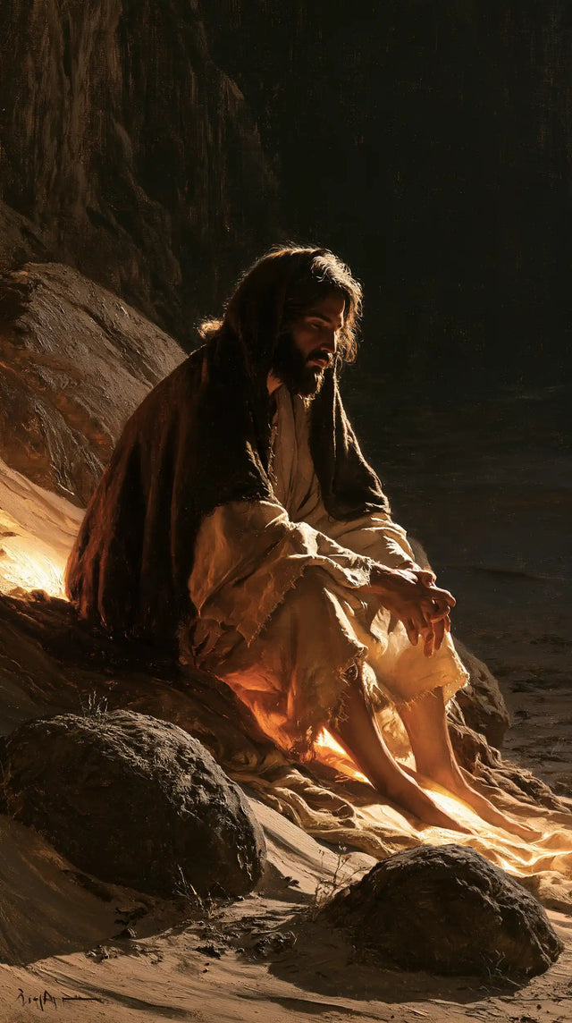 Jesus in the Desert — Light Slips Beneath the Folds