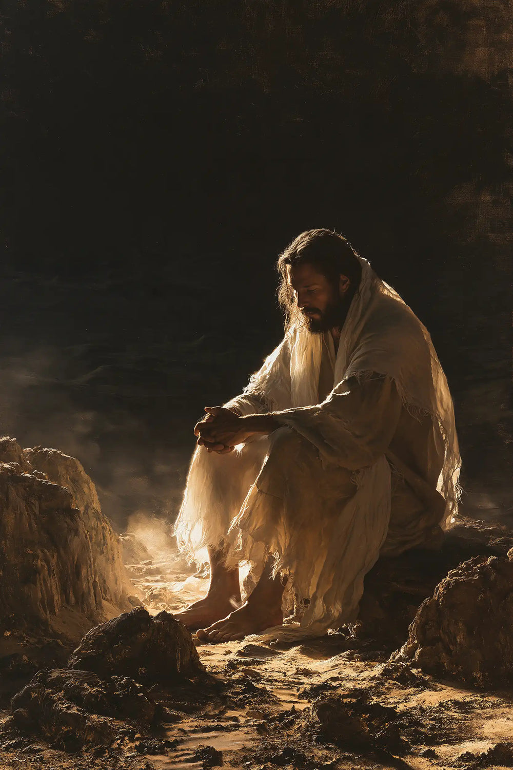 Christ appearing as divine light in the desert in Christ as Divine Light style, portrait Christian artwork no. 13