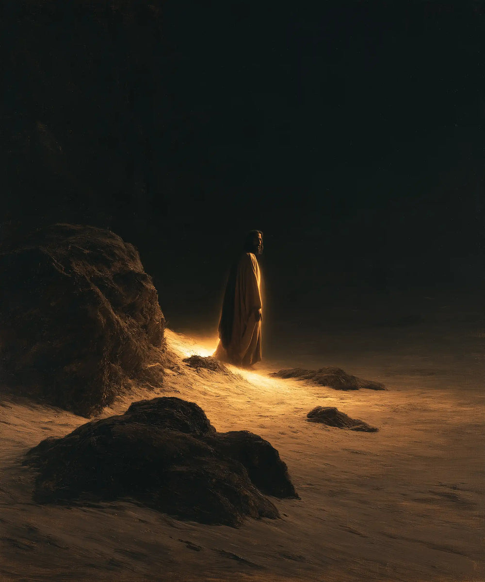 Christ appearing as divine light in the desert in Christ as Divine Light style, portrait Christian artwork no. 15