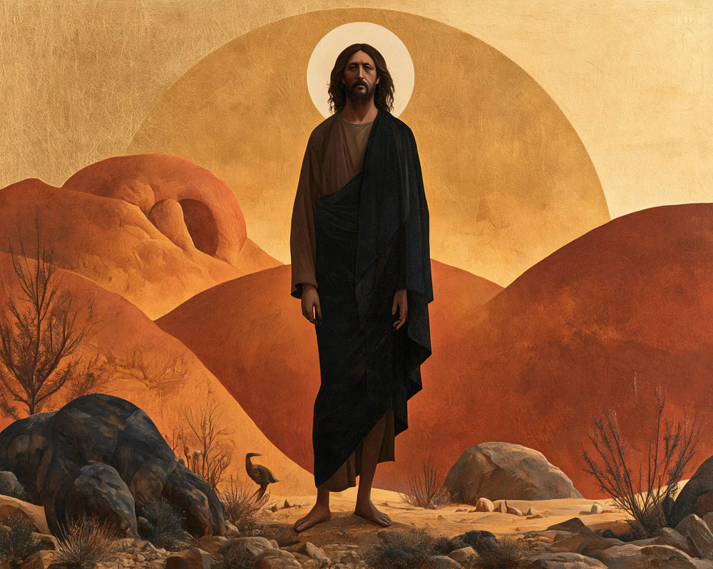 Jesus in the desert during the temptation in Contemporary Byzantine style, landscape Christian artwork no. 6