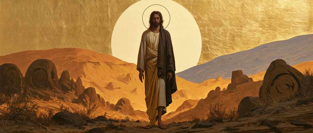 Jesus in the desert during the temptation in Contemporary Byzantine style, landscape Christian artwork no. 20