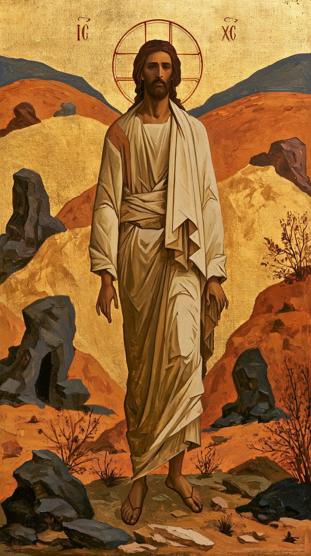 Jesus in the desert during the temptation in Contemporary Byzantine style, portrait Christian artwork no. 2