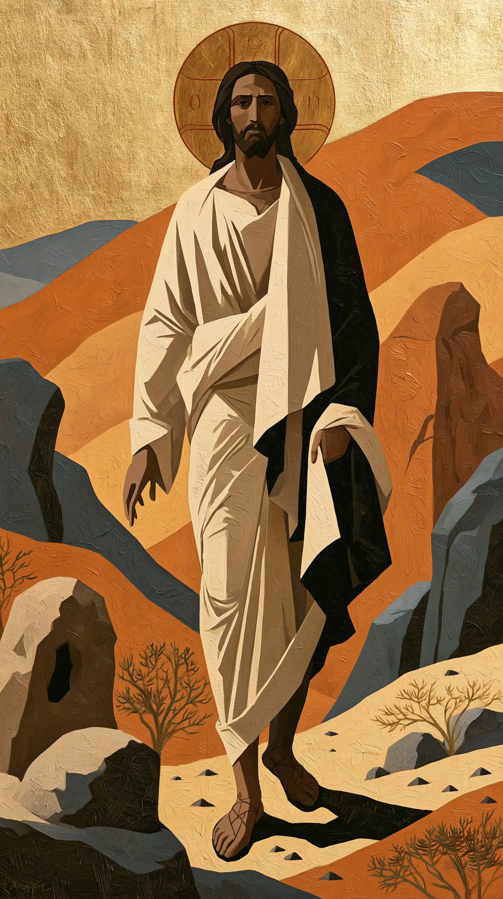 Jesus in the desert during the temptation in Contemporary Byzantine style, portrait Christian artwork no. 11