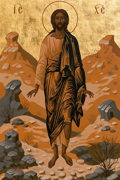 Jesus in the Desert — Golden Folds Between Stone Mountains