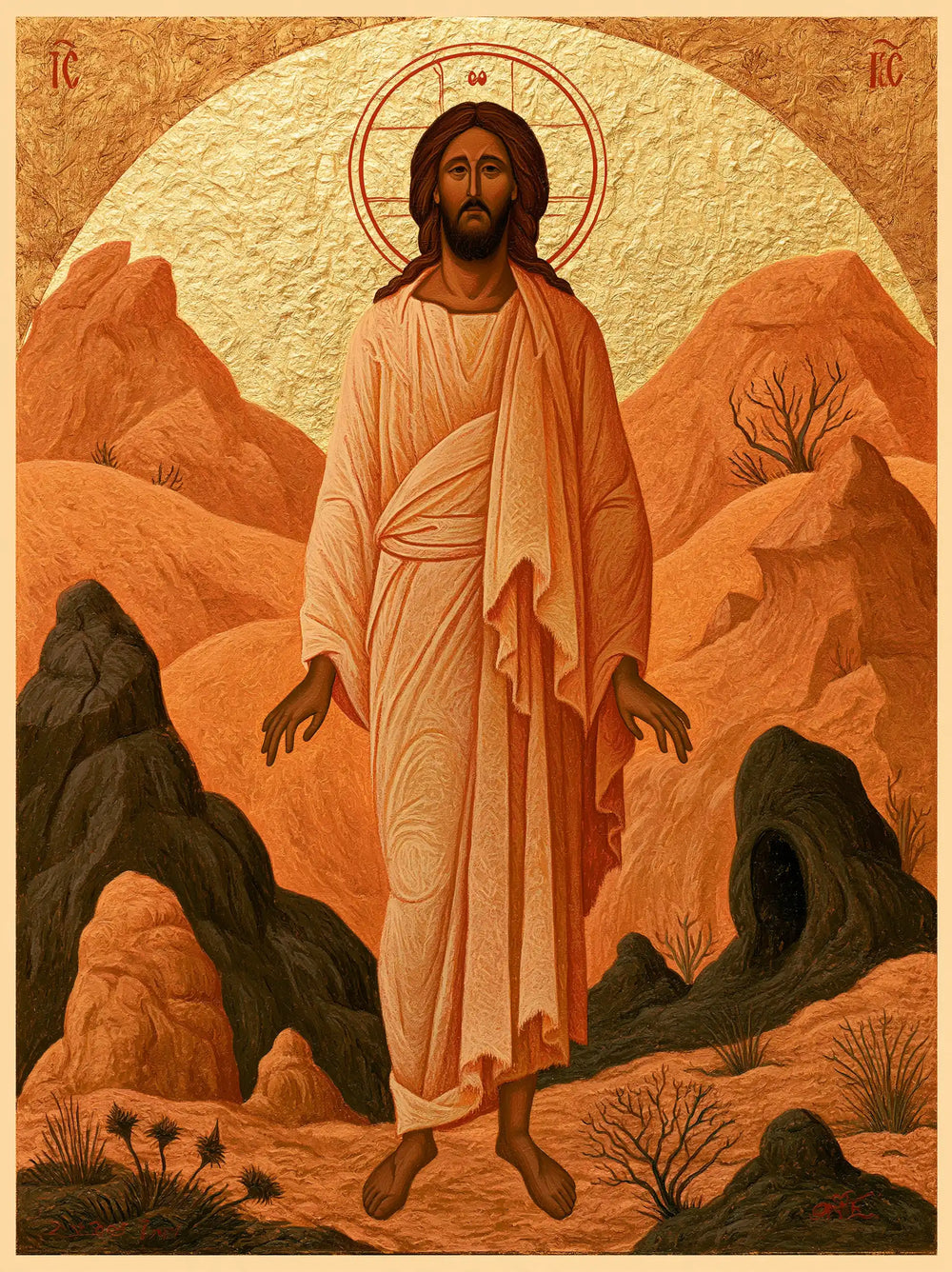 Jesus in the desert during the temptation in Contemporary Byzantine style, portrait Christian artwork no. 32