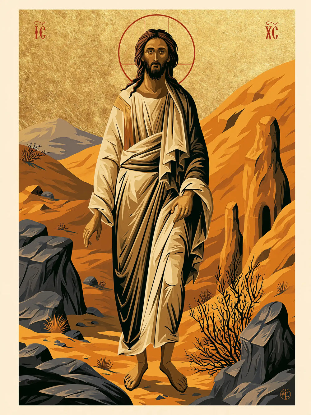 Jesus in the desert during the temptation in Contemporary Byzantine style, portrait Christian artwork no. 33
