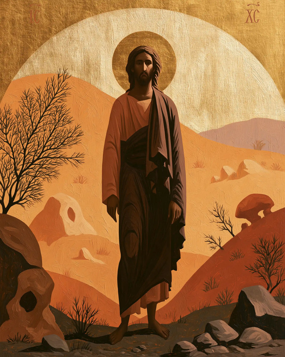 Jesus in the desert during the temptation in Contemporary Byzantine style, portrait Christian artwork no. 36