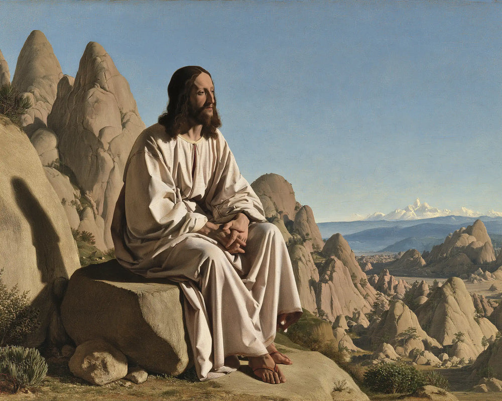 Jesus in the desert during the temptation in Florentine Renaissance style, landscape Christian artwork no. 5