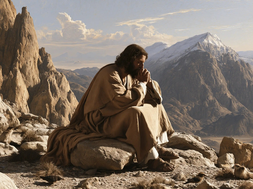 Jesus in the desert during the temptation in Florentine Renaissance style, landscape Christian artwork no. 9