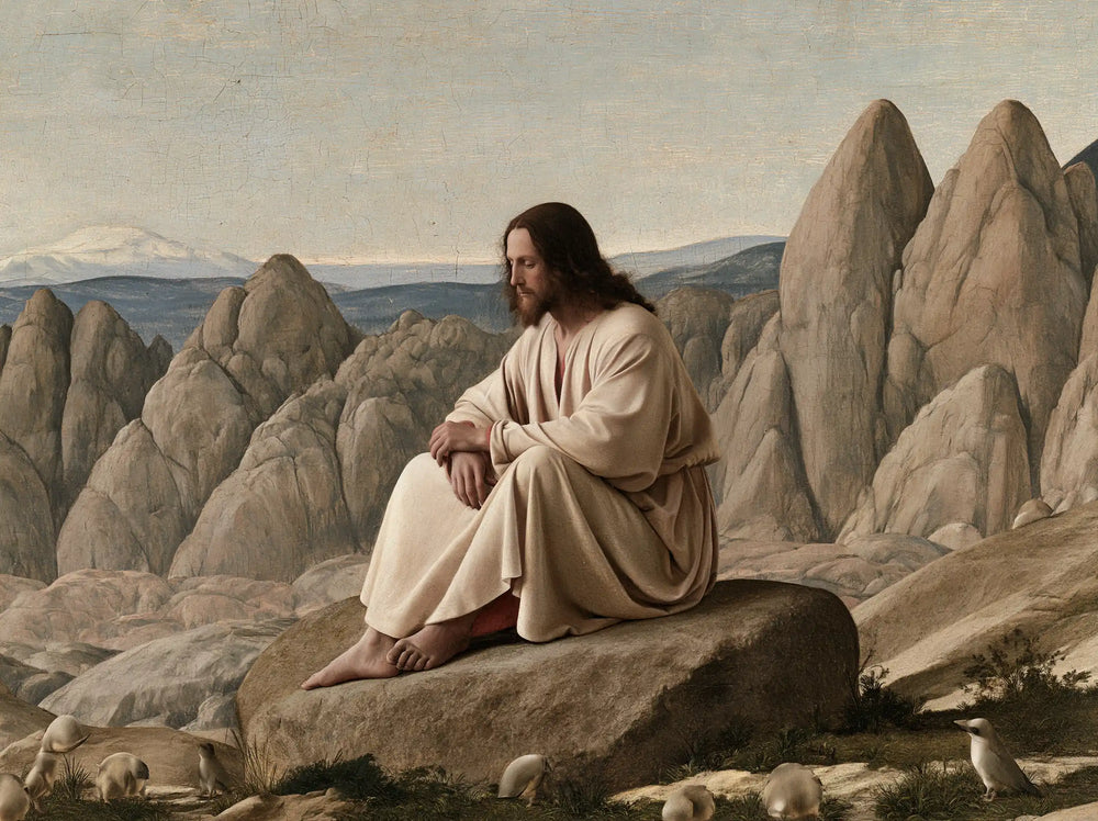 Jesus in the desert during the temptation in Florentine Renaissance style, landscape Christian artwork no. 10