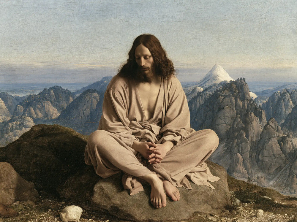 Jesus in the desert during the temptation in Florentine Renaissance style, landscape Christian artwork no. 11