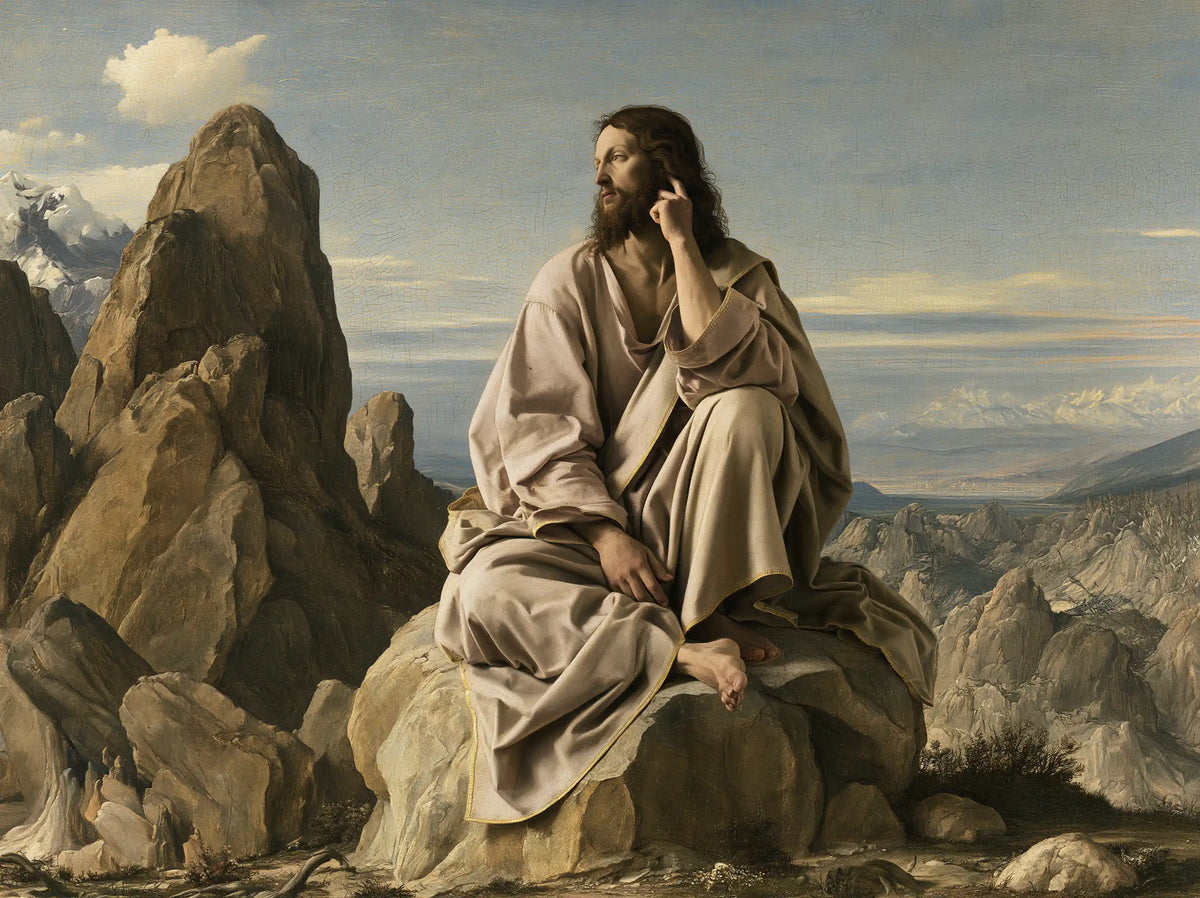 Jesus in the desert during the temptation in Florentine Renaissance style, landscape Christian artwork no. 12