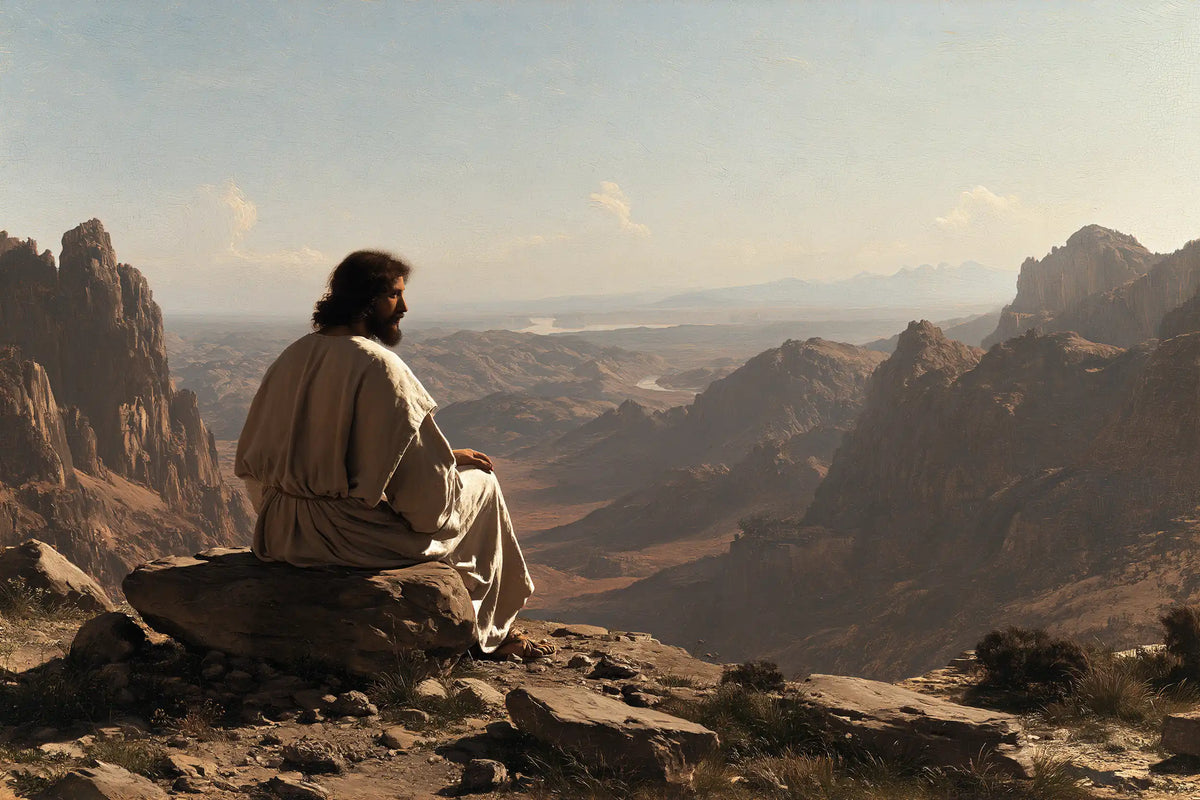 Jesus in the desert during the temptation in Florentine Renaissance style, landscape Christian artwork no. 15