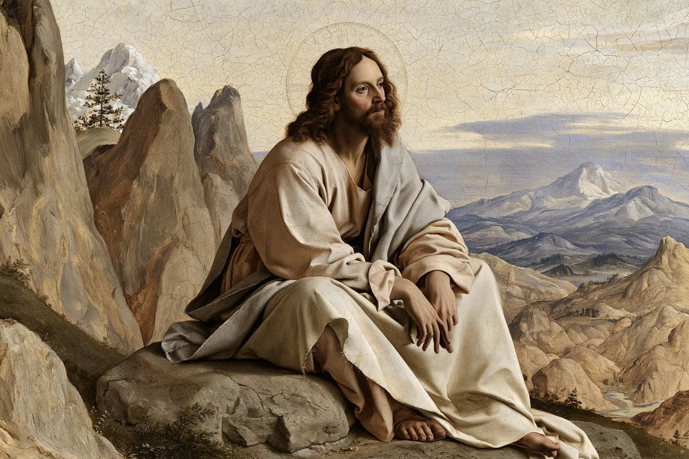 Jesus in the desert during the temptation in Florentine Renaissance style, landscape Christian artwork no. 16