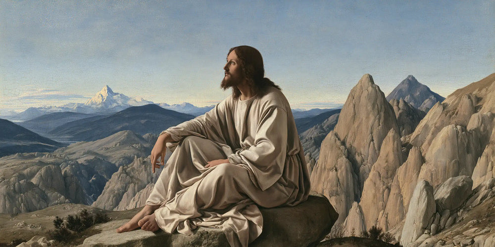 Jesus in the desert during the temptation in Florentine Renaissance style, landscape Christian artwork no. 22