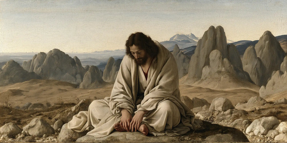 Jesus in the desert during the temptation in Florentine Renaissance style, landscape Christian artwork no. 23