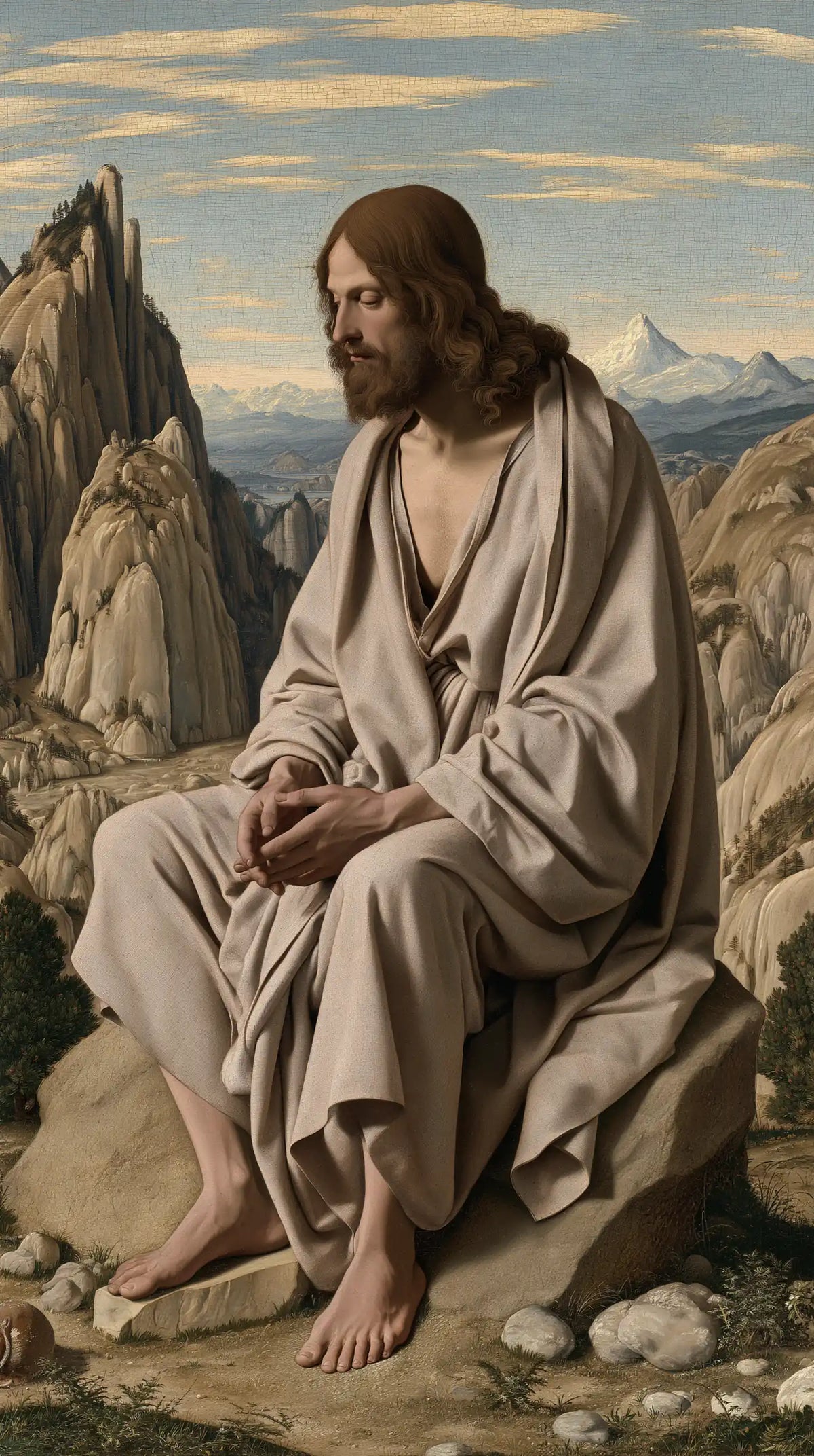 Jesus in the desert during the temptation in Florentine Renaissance style, portrait Christian artwork no. 17