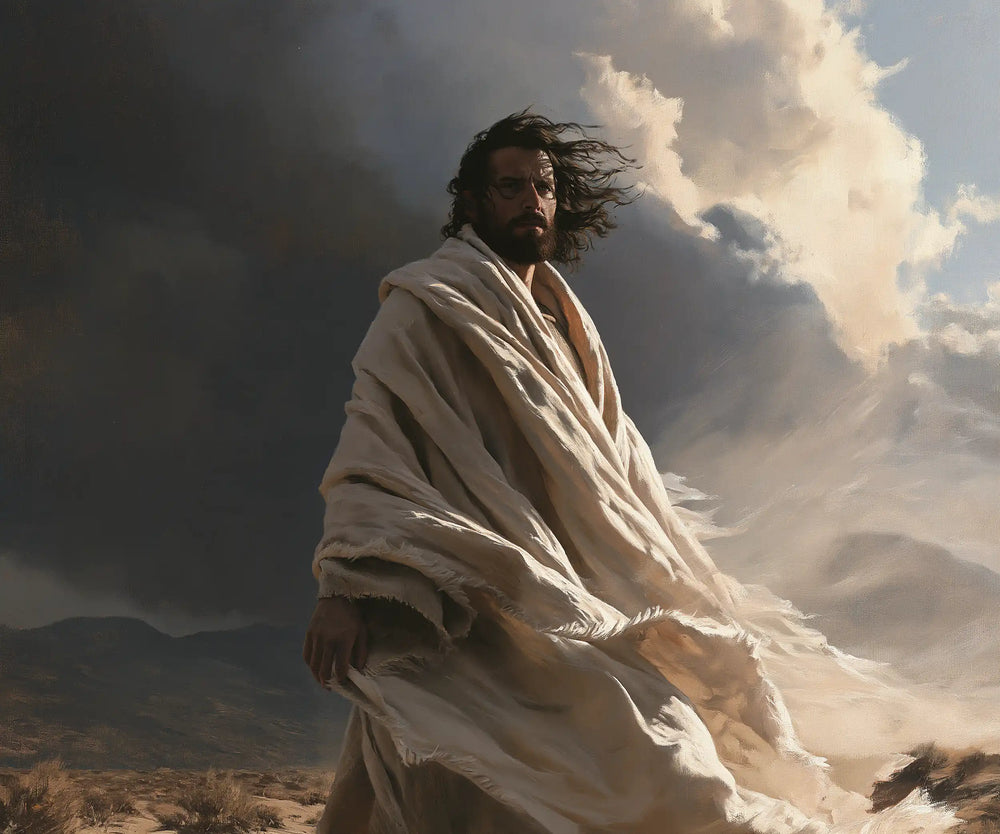 Jesus confronting an inner spiritual struggle in the desert in The Inner Struggle style, landscape Christian artwork no. 1