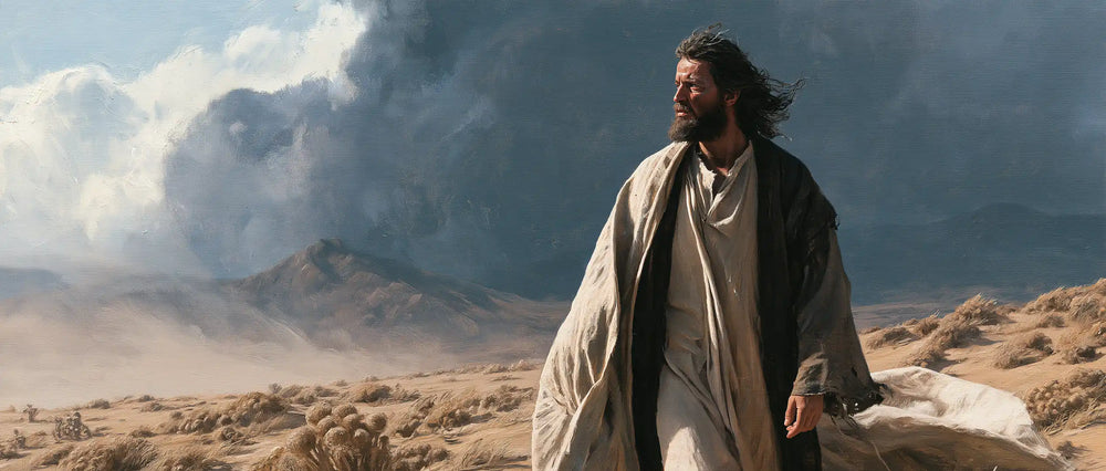 Jesus confronting an inner spiritual struggle in the desert in The Inner Struggle style, landscape Christian artwork no. 23